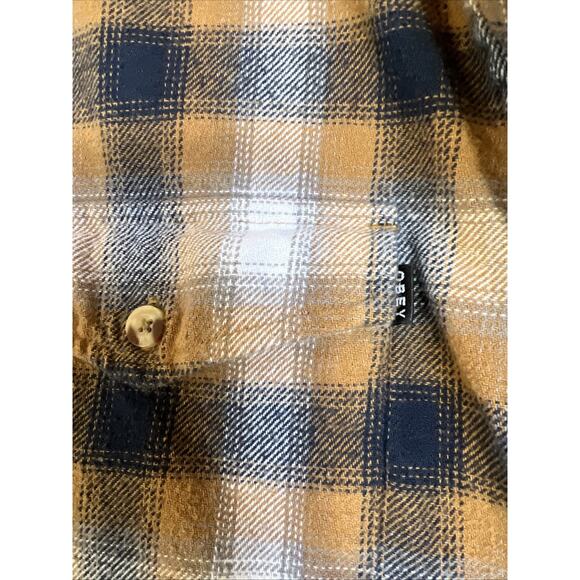 OBEY WORLDWIDE Flannel Shirt Women's Small Tan Blue Cropped Raw Hem Grunge Punk - Picture 5 of 12